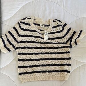 aerie Cream and Black Striped Short Sleeve Knit Sweater